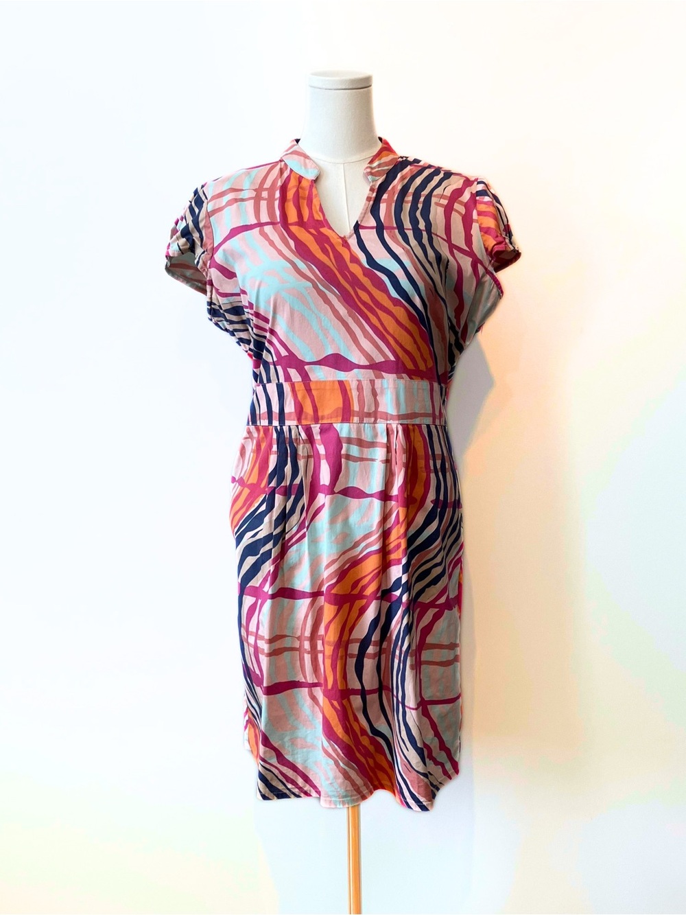 Wave Print Dress in Pink, Orange & Blue